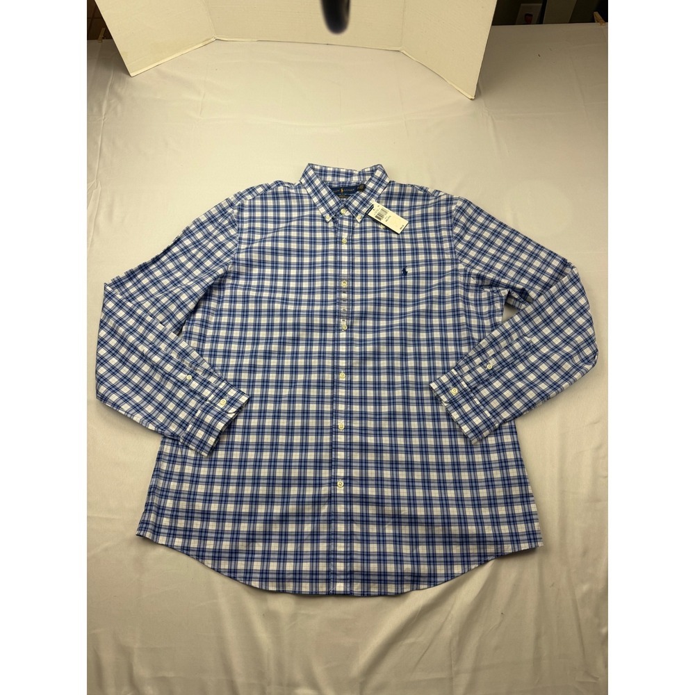 Ralph Lauren Button Down Mens XXL Blue Plaid Slim Fit Cotton Stretch NWT